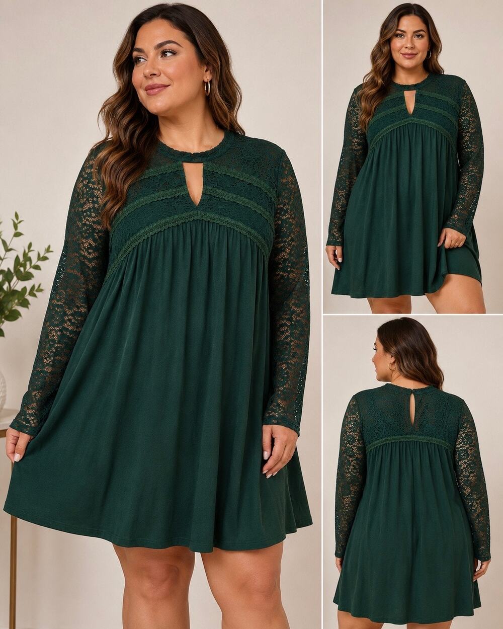Janet Chung XL Forest Emerald Green Lace Swing Dress Long Sleeve